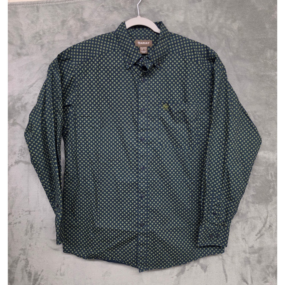 Ariat Mens Green Yellow Geometric Print Long Sleeve Button Down Shirt Medium